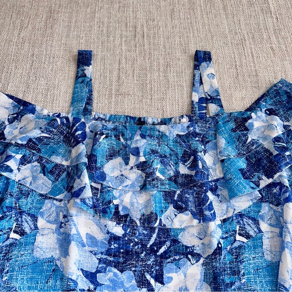 NYDJ Floral Cold Shoulder Top Blue White Ruffle Tunic Blouse Long Sleeve Women S - Picture 3 of 12